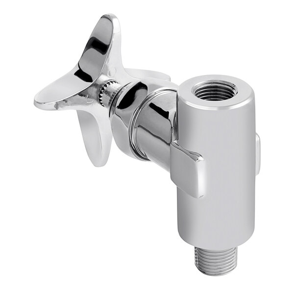 A chrome-plated T&S cold straight stop assembly with a silver metal nut and a quarter-turn Eterna cartridge.