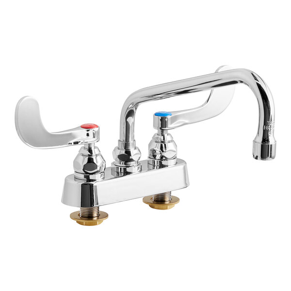 A T&S deck-mount faucet with two wrist action handles and a swing nozzle.