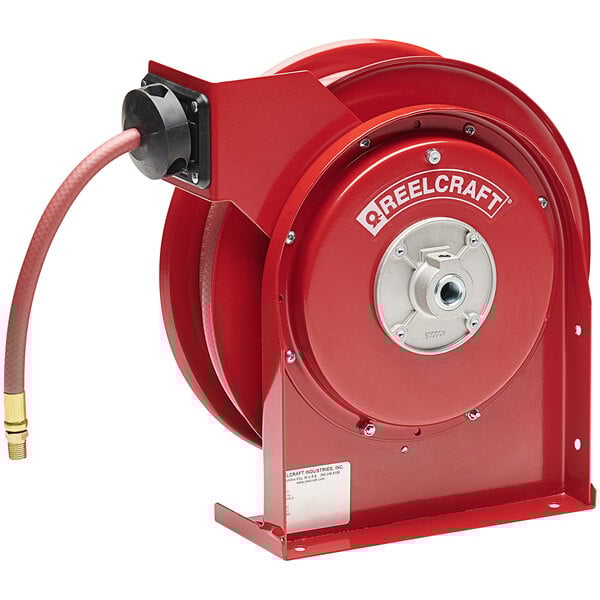 A red Reelcraft premium-duty hose reel with a hose.