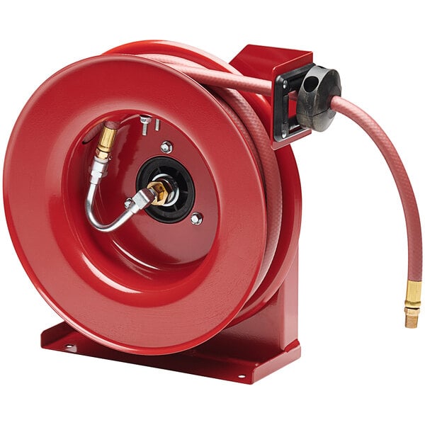 A Reelcraft red hose reel with a hose attached.