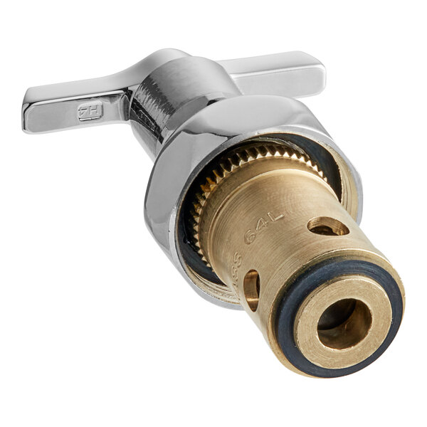 A T&S chrome plated brass spindle assembly with a brass handle.