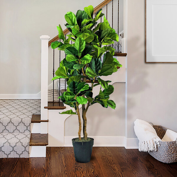 A LCG Sales artificial fig tree in a black plastic pot in a living room.