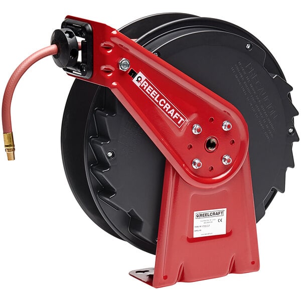 A red and black Reelcraft Series RT hose reel with a hose attached.
