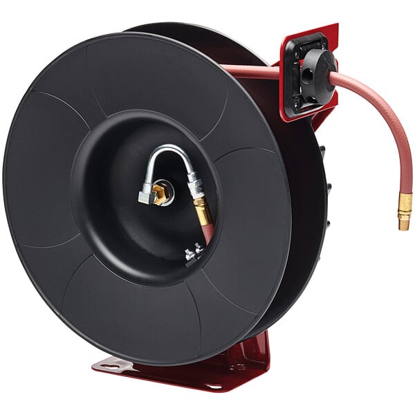 A black Reelcraft hose reel with a red hose attached.