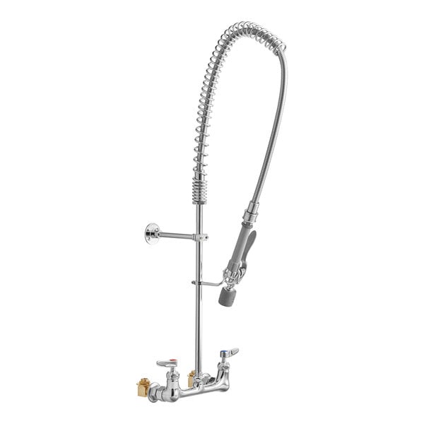 A silver T&S wall mount pre-rinse faucet with a chrome base and hose.