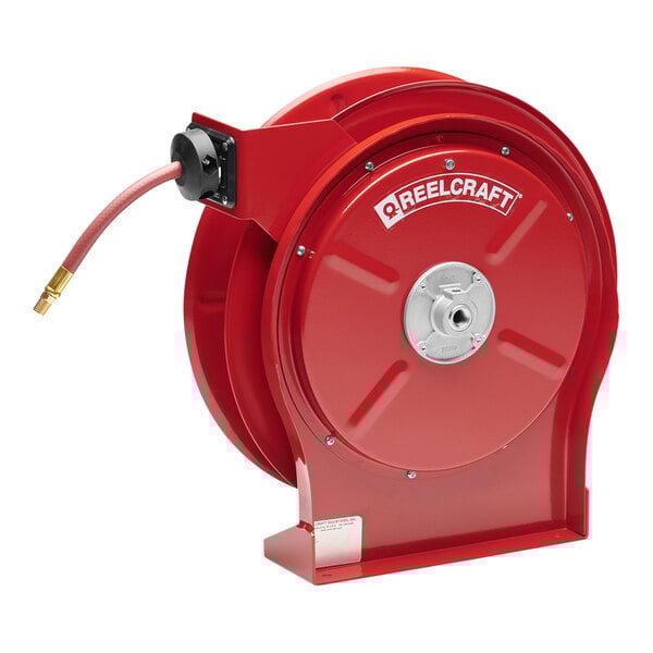 A red Reelcraft hose reel with a hose attached.