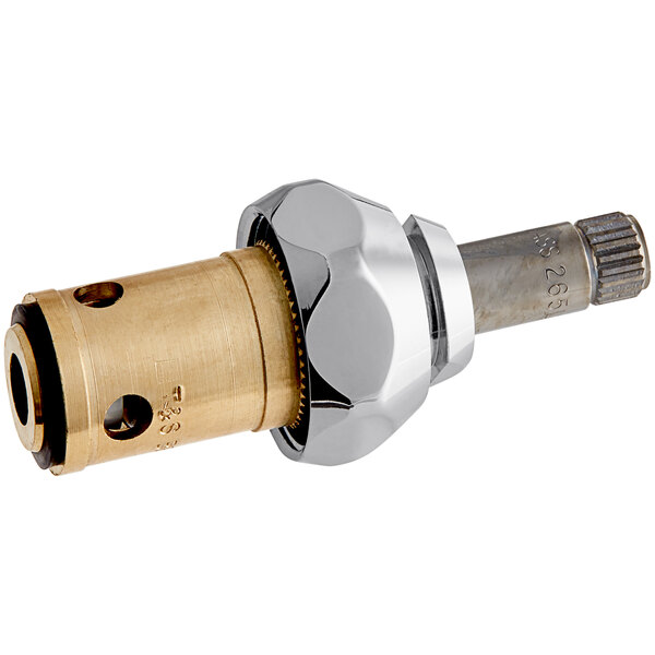 A close-up of a brass and silver T&S spindle assembly.