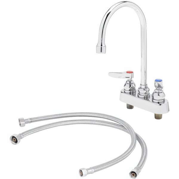 A chrome T&S deck-mount faucet with a swivel gooseneck spout.