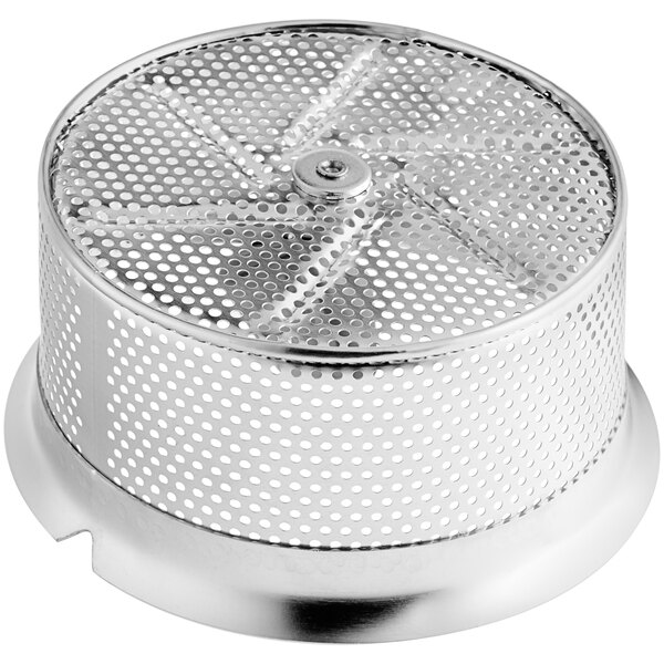A silver circular Garde XL stainless steel mesh filter with holes.