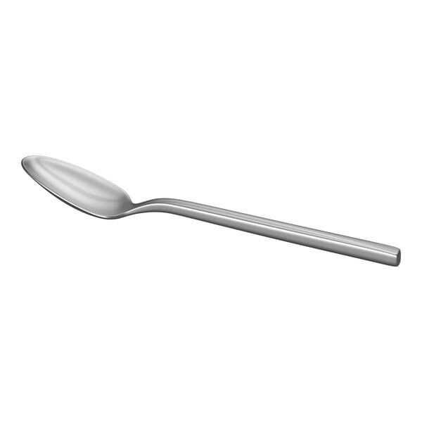 A single stainless steel teaspoon with a smooth, satin finish and a slightly curved handle.