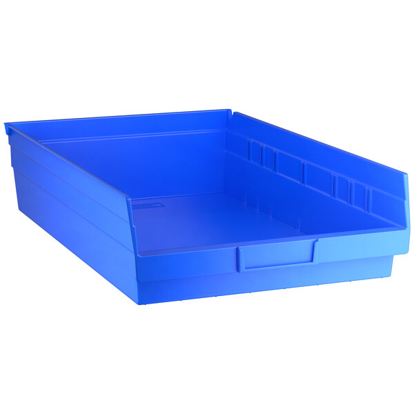 A blue plastic Regency shelf bin.