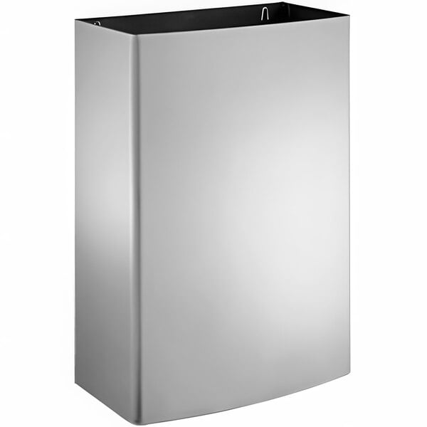 A silver rectangular stainless steel waste receptacle with a black lid.