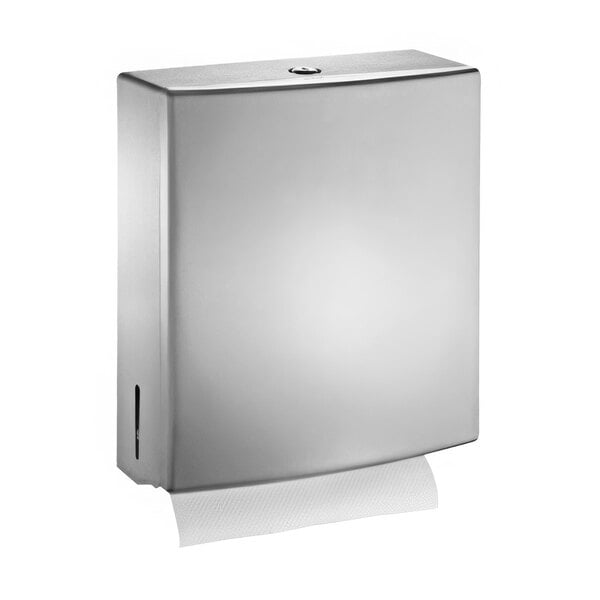 An American Specialties, Inc. stainless steel surface-mounted C-fold/multifold paper towel dispenser.