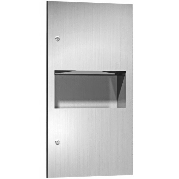 A stainless steel rectangular paper towel dispenser with a door and a waste receptacle.