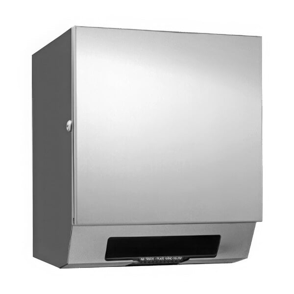 An American Specialties, Inc. stainless steel surface-mounted paper towel dispenser.