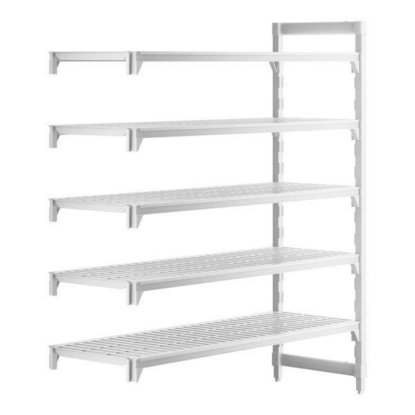 A white rectangular Cambro Camshelving Premium add on unit with 5 shelves.