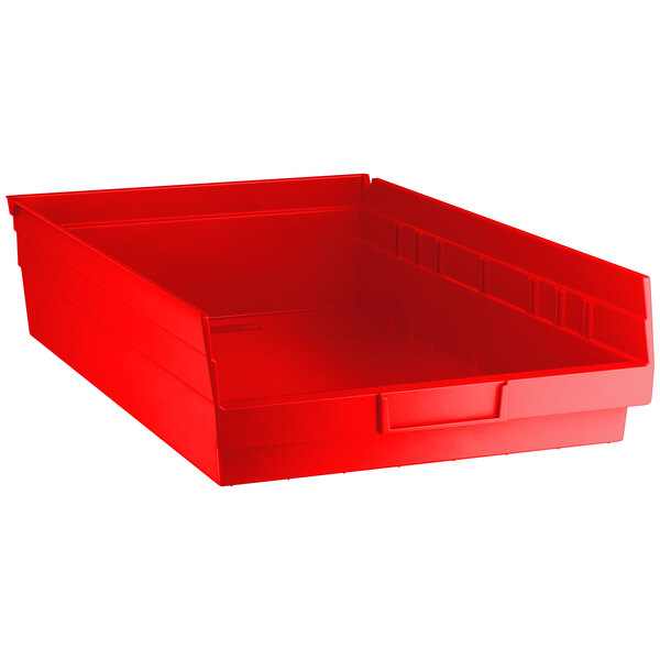 A Regency red plastic shelf bin.
