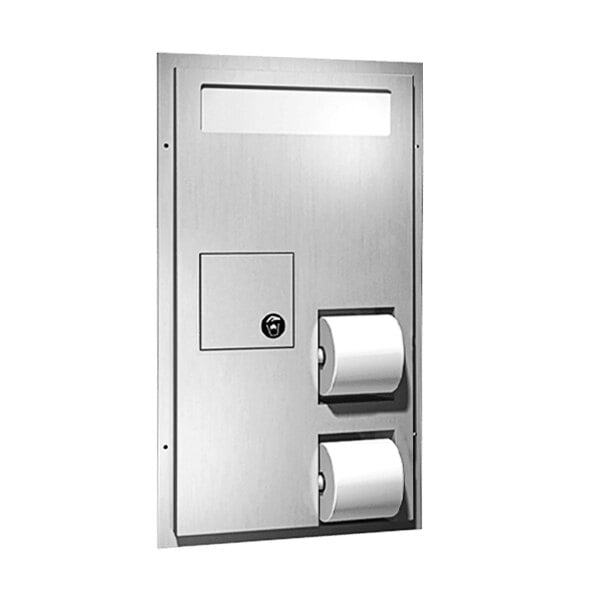An American Specialties, Inc. stainless steel partition-mounted dual access toilet paper dispenser with two rolls of toilet paper.