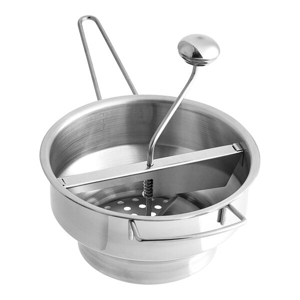 A stainless steel Choice Prep rotary food mill with a handle and 3 sieves.