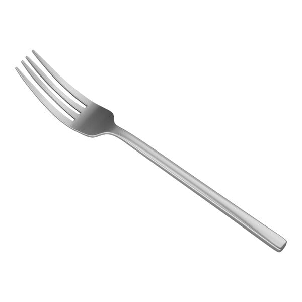 A stainless steel fork with four tines and a smooth, slightly curved handle is shown against a white background.