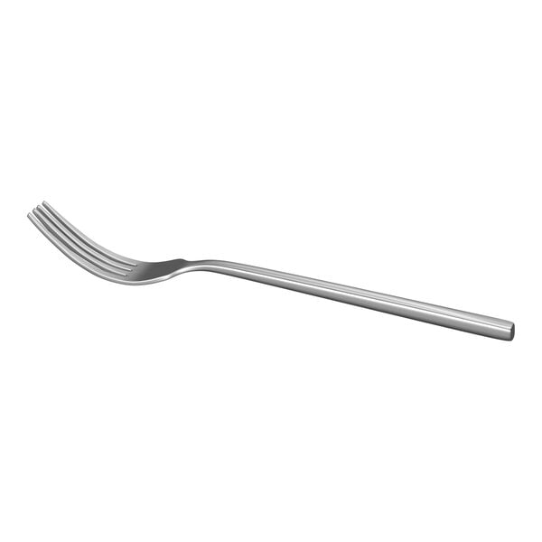 A stainless steel fork with four tines and a slightly curved handle is shown against a white background.