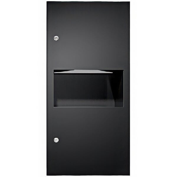 A black rectangular American Specialties, Inc. recessed paper towel dispenser with a clear window.