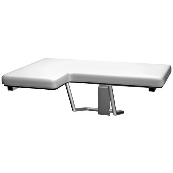 An American Specialties, Inc. white L-shaped folding shower seat with a padded cushion.