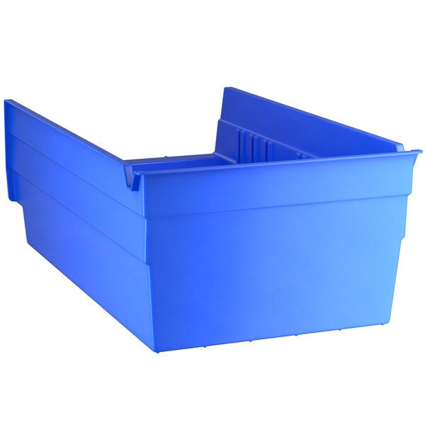 A Regency blue plastic shelf bin with a handle.