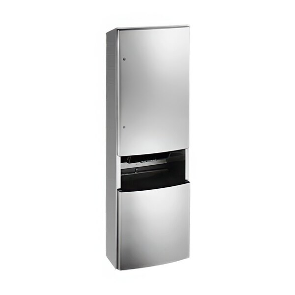 An American Specialties, Inc. stainless steel surface-mounted automatic roll paper towel dispenser with waste receptacle.