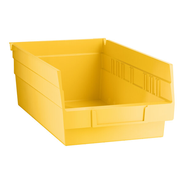 A yellow plastic shelf bin with an open front and reinforced sides.