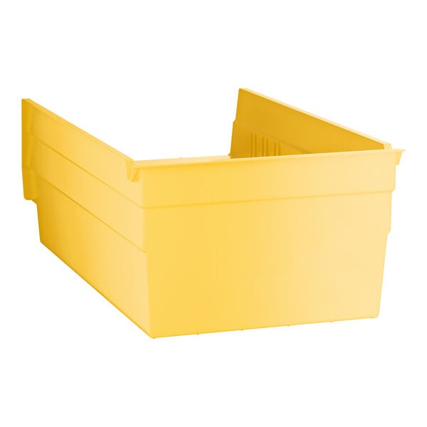 A yellow plastic shelf bin measuring 11 5/8 inches by 6 5/8 inches by 4 inches.