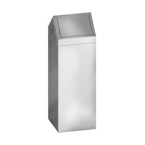 A silver rectangular American Specialties, Inc. waste receptacle with a dual swing lid.