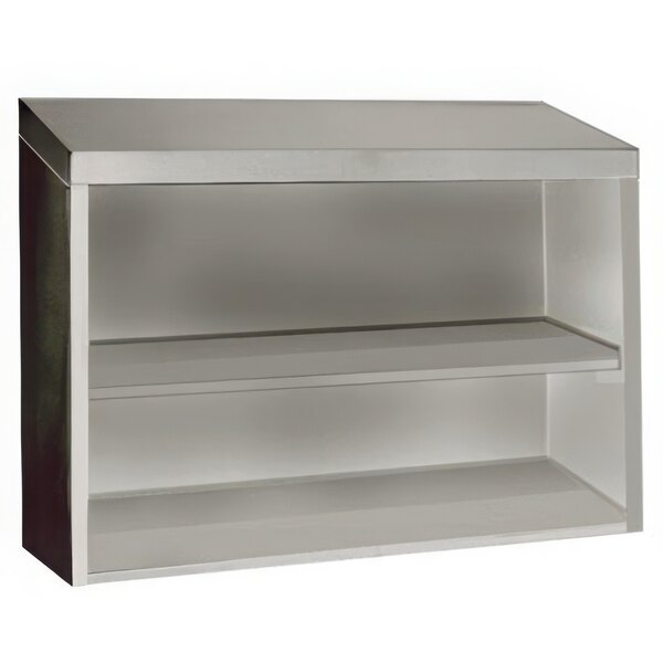 A stainless steel rectangular wall cabinet with shelves.