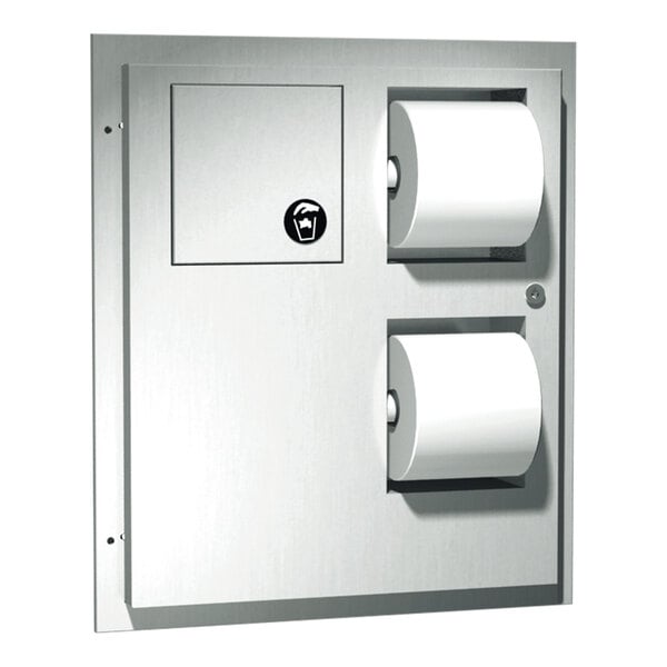 A stainless steel partition-mounted dual access toilet tissue dispenser with a disposal bin.