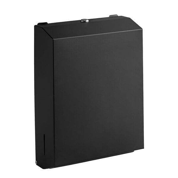 A black rectangular American Specialties, Inc. paper towel dispenser with a white background.