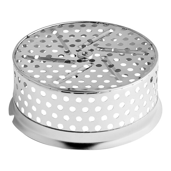 A silver circular Garde stainless steel sieve with holes.