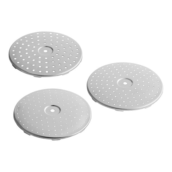 Three circular metal discs with holes.