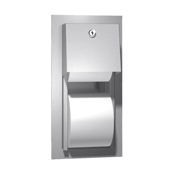 An American Specialties, Inc. stainless steel recessed twin toilet paper dispenser holding a roll of toilet paper.