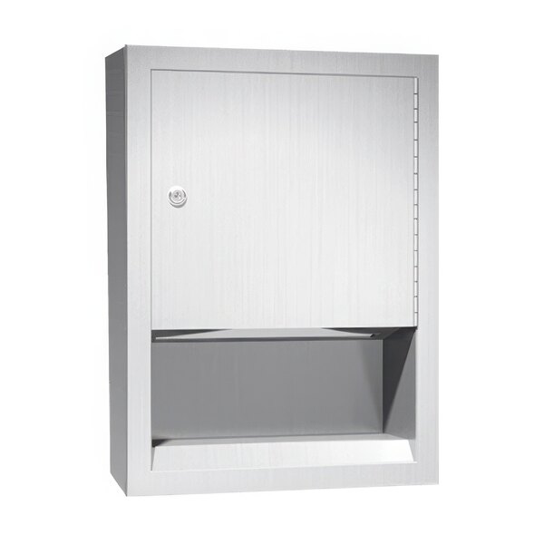 A stainless steel wall-mounted paper towel dispenser with a door.