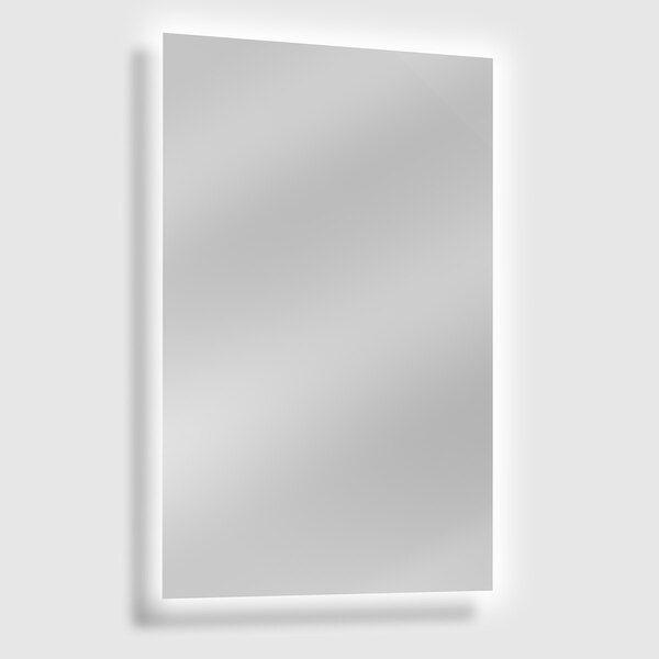 An American Specialties, Inc. frameless plate glass mirror with LED backlight on a wall.