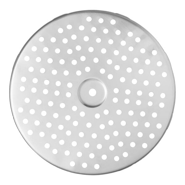 A white circular metal sieve with holes.