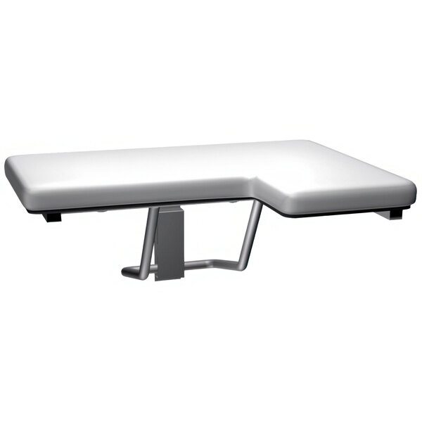 A white L-shaped folding shower bench with a padded cushion and metal support legs.