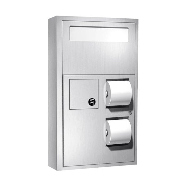 An American Specialties, Inc. stainless steel toilet paper dispenser with disposal bin.
