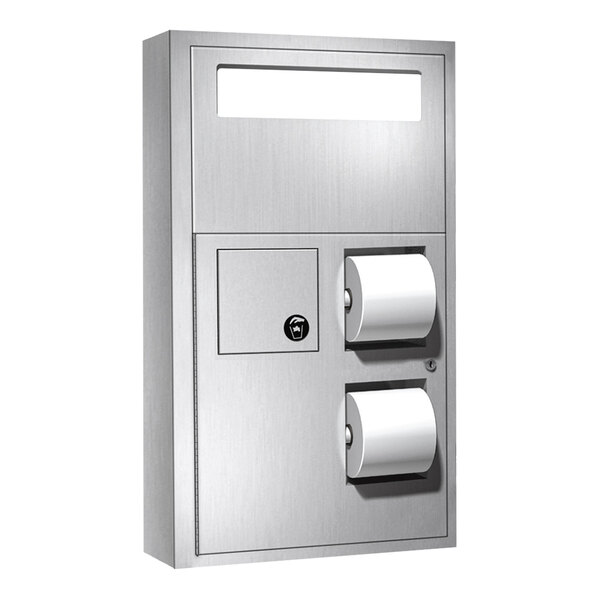 A stainless steel surface-mounted unit featuring a toilet tissue dispenser, toilet seat cover dispenser, and disposal bin.