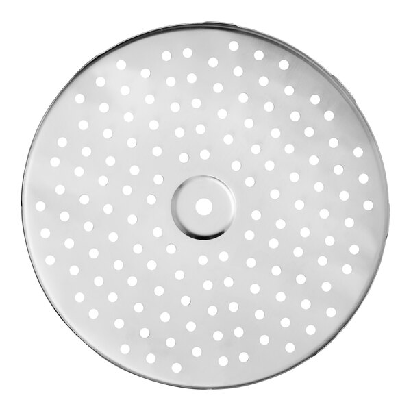A stainless steel Choice Prep food mill sieve with holes in it.