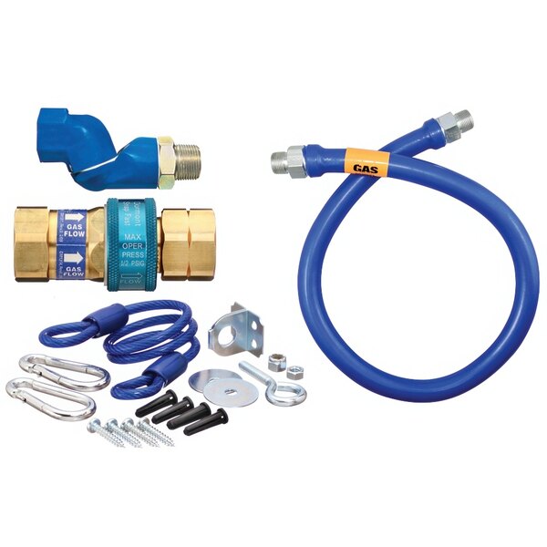 A blue Dormont gas connector kit with a hose, coupler, and restraining cable.