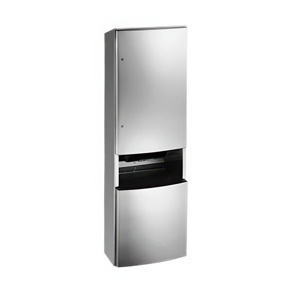 An American Specialties, Inc. stainless steel surface-mounted roll paper towel dispenser and waste receptacle with a black panel.