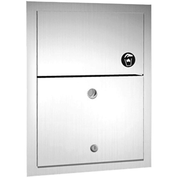 A stainless steel rectangular box with a lock on it.