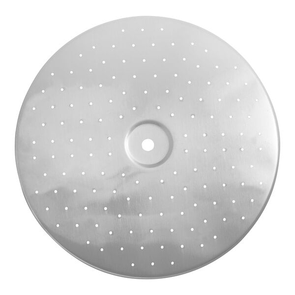 A circular silver disc with holes in it.