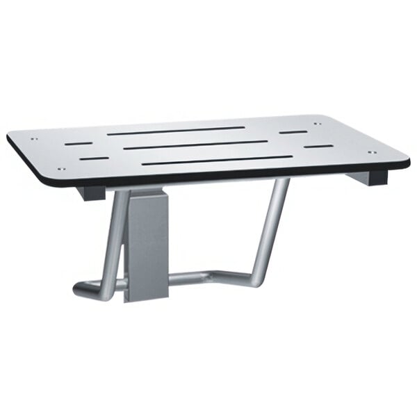 A white American Specialties, Inc. phenolic folding shower seat.